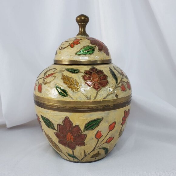 VTG Brass Cloisonné Enamel Lidded Ginger Jar Pot Urn Made in India 6 inches tall - Picture 12 of 13
